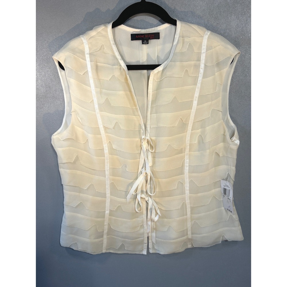Anne Klein Womens 16 Cream 100% Silk Tiered Sleeveless Ribbon Tie Top F3150453